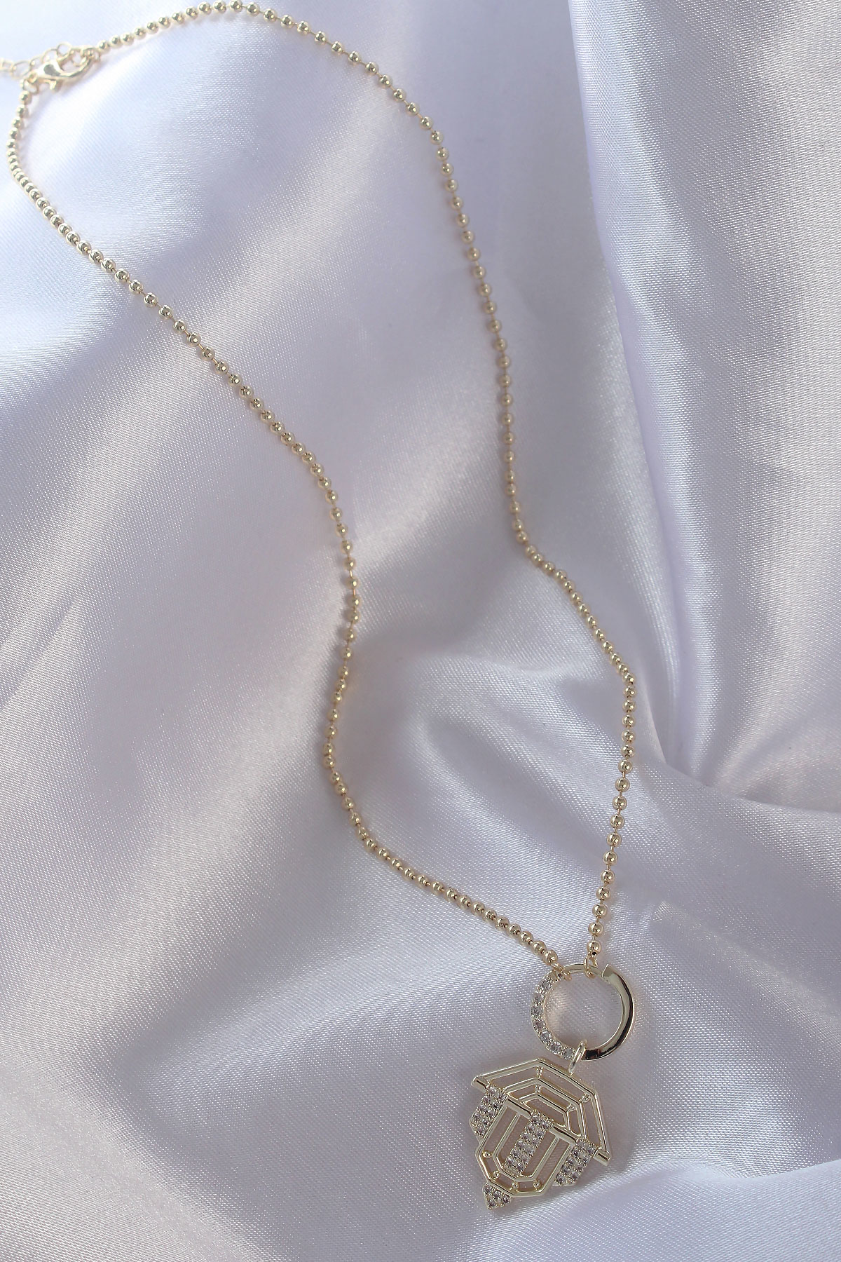 Pirinç Zirkon Taşlı Gold Renk Oval Detaylı Serenay Kolyesi - TJ-B