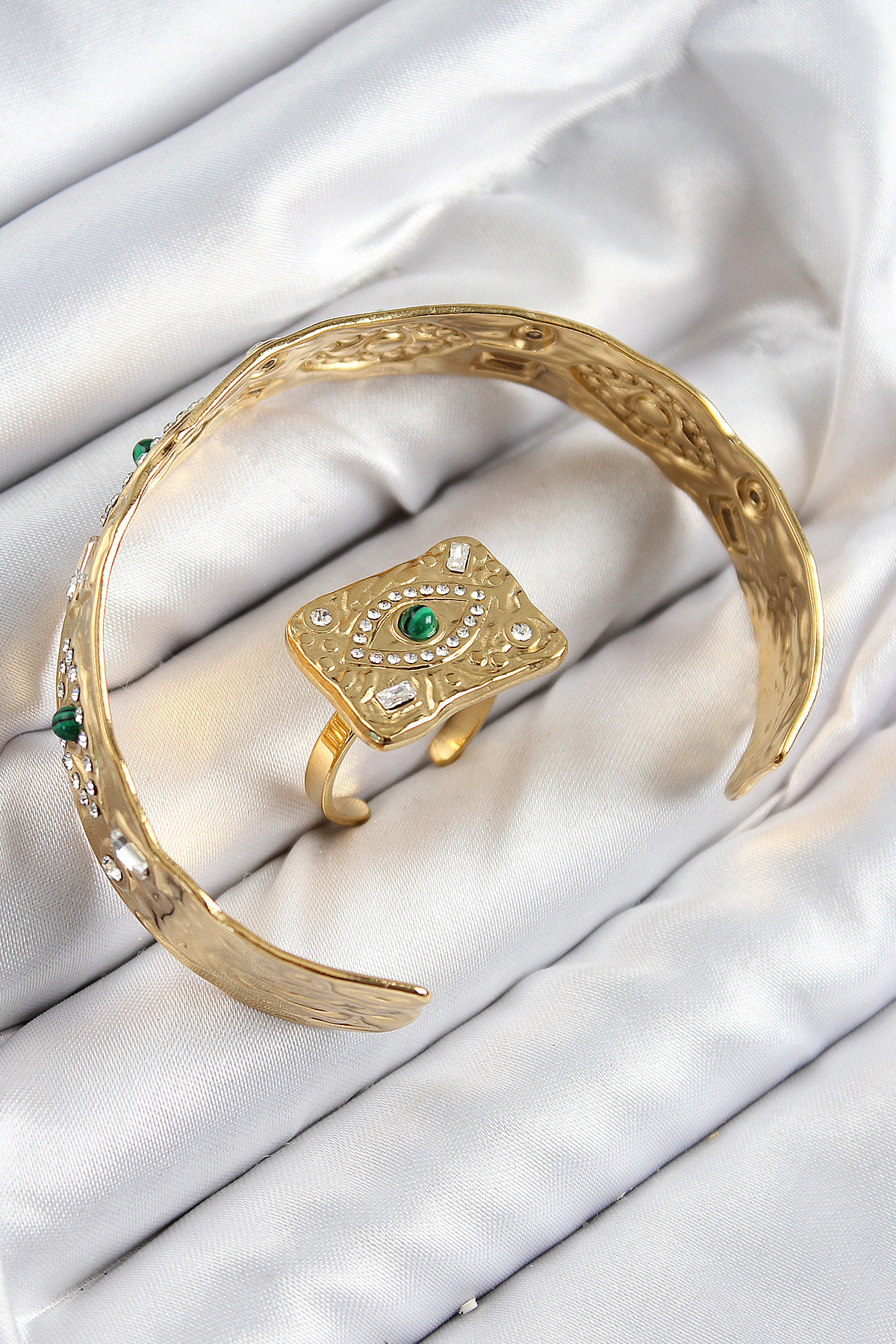 Pirinç Zirkon Taşlı Göz Model Gold Renk Bileklik Yüzük Set - TJ-B