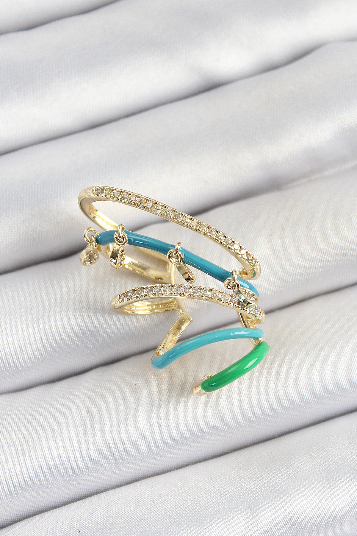 Pirinç Zirkon Taşlı Mavi Yeşil Sıkıştırma Sağ Kıkırdak Gold Renk