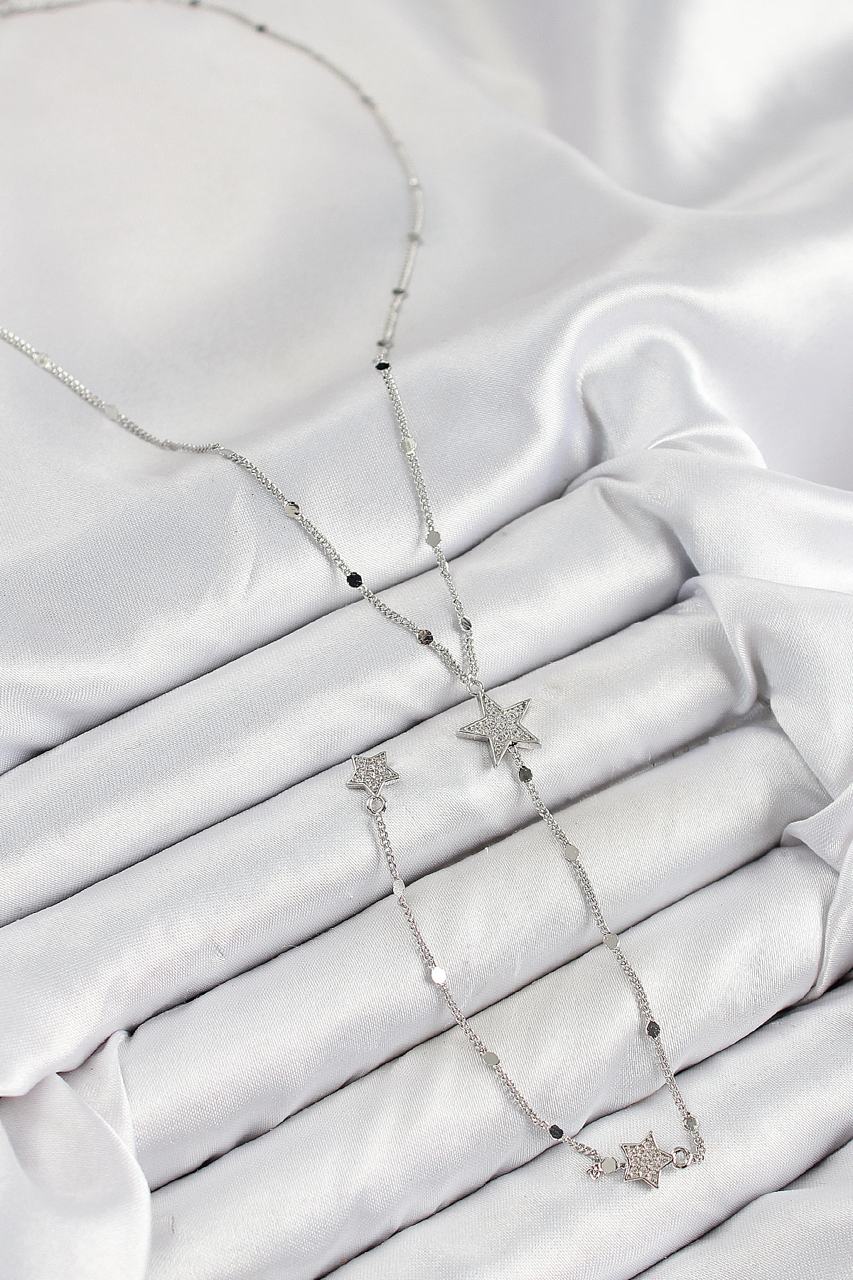 Pirinç Zirkon Taşlı Yıldız Model Gümüş Renk Y Kolye