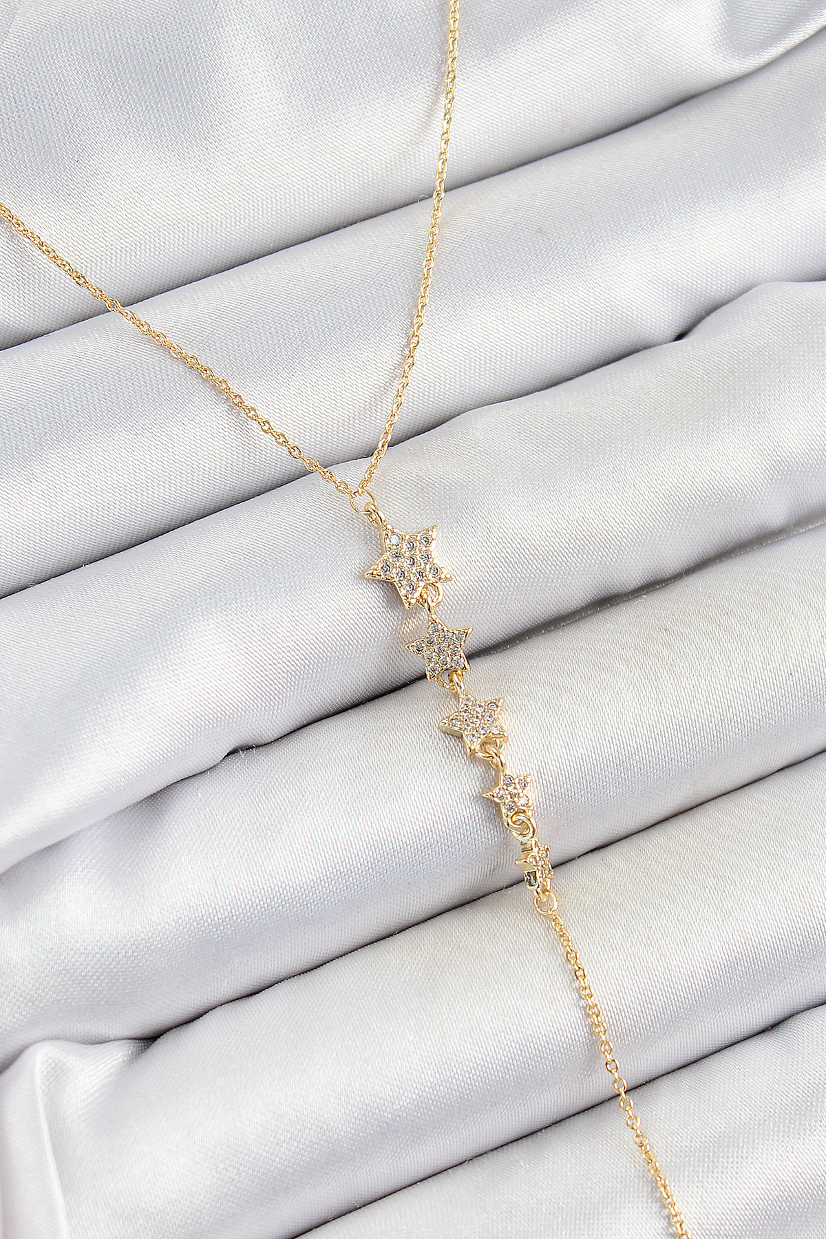 Pirinç Zirkon Taşlı Sıralı Yıldız Figürlü Y Model Gold Renk Kadın