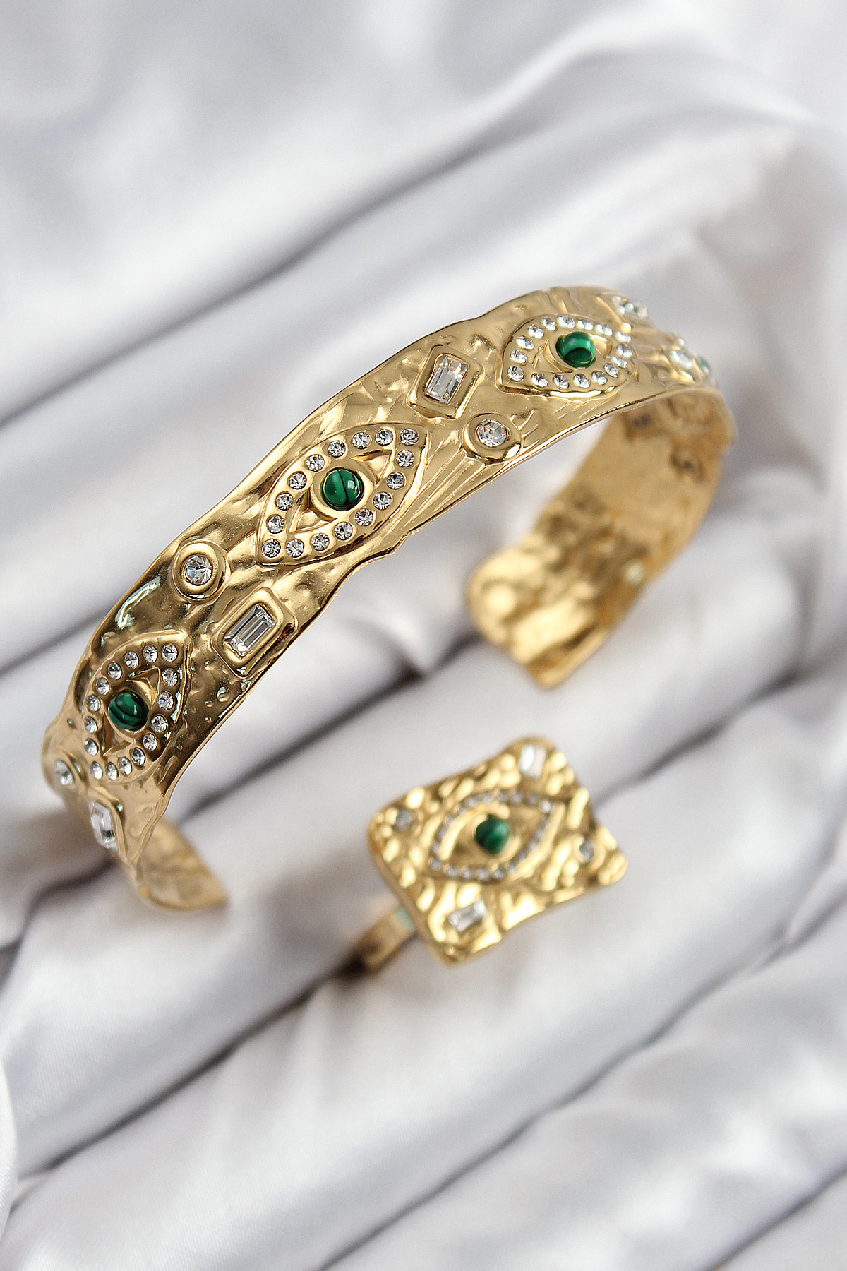 Pirinç Zirkon Taşlı Göz Model Gold Renk Bileklik Yüzük Set - TJ-B