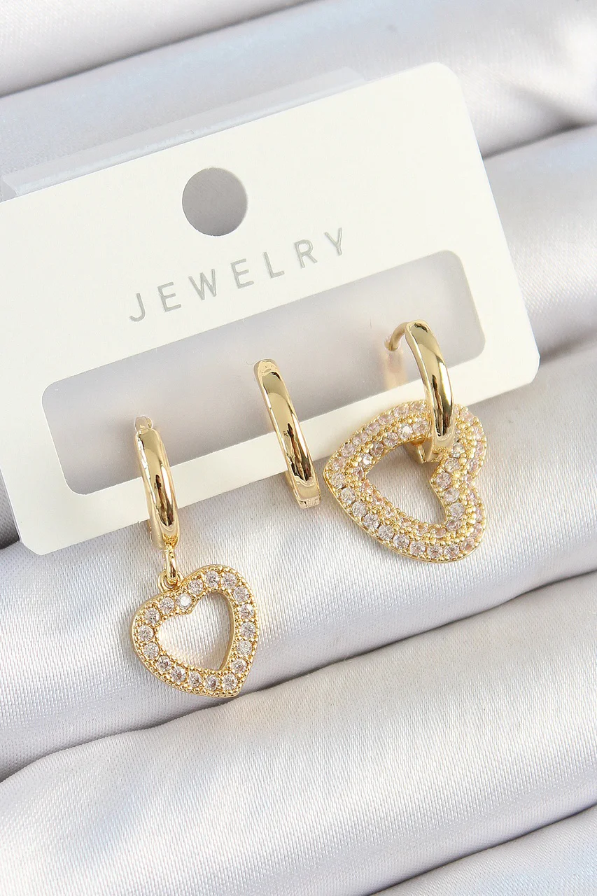 Pirinç Zirkon Taşlı Kalp Model Gold Renk 3'lü Çift Kadın Küpe Set Tj-bkp10825 Diğer