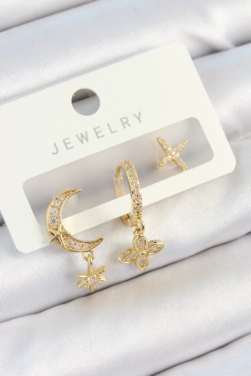 Pirinç Zirkon Taşlı Çiçek Ve Ay Model Gold Renk 3'lü Çift Kadın Küpe Set - Lisinya