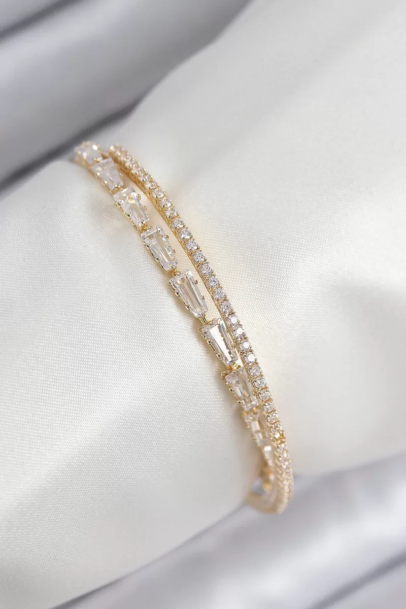 Pirinç Zirkon Taşlı Su Yolu Model Gold Renk Kadın Bileklik - Lisi