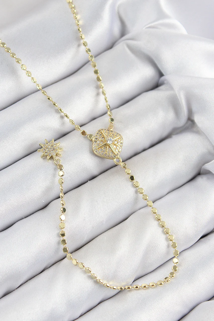 Pirinç Zirkon Taşlı Ezme Zincirli Madalyon Model Gold Renk Y Kolye Tj-bko10471 Diğer