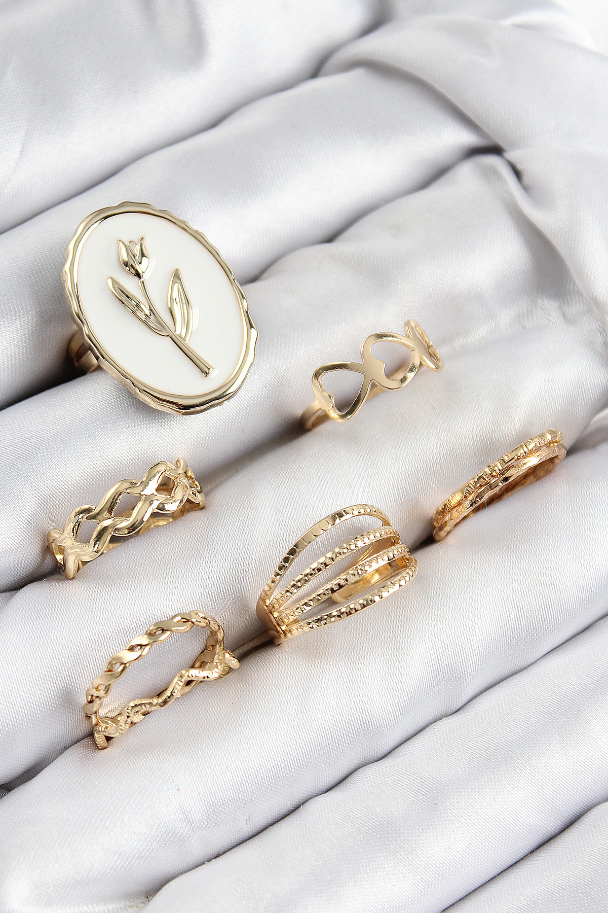 Pirinç Zirkon Taşlı Lale Model Gold Renk Kadın Yüzük Kombin Set