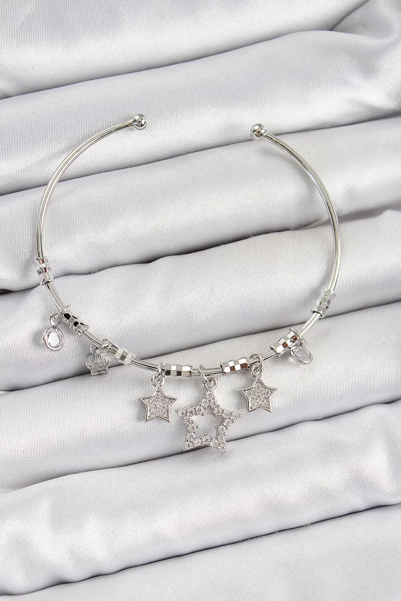 Pirinç Zirkon Taşlı Yıldız Model Gümüş Renk Charm Bileklik - Lisinya