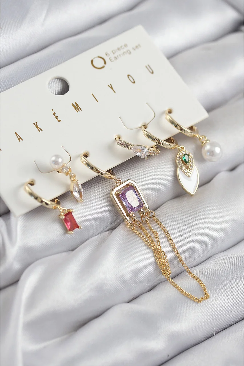 Pirinç Zirkon Taşlı Sallantılı Ve İncili Gold Renk 6'lı Küpe Set 