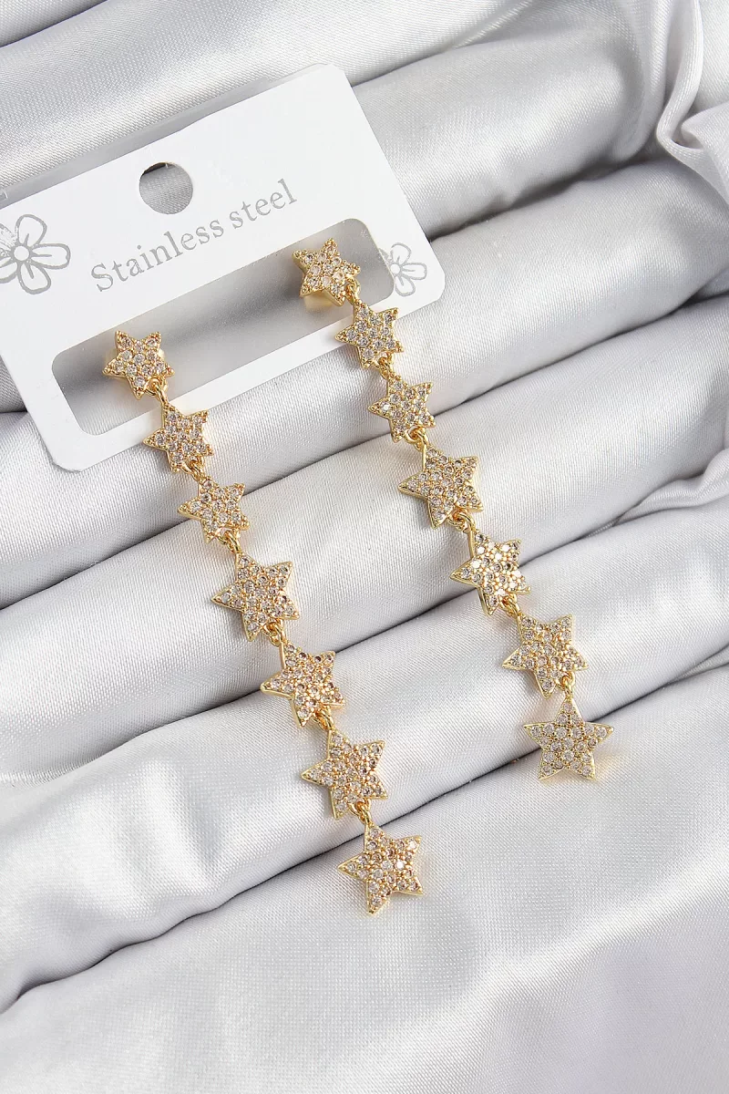 Pirinç Zirkon Taşlı Sallantılı Yıldız Model Gold Renk Kadın Küpe - Lisinya