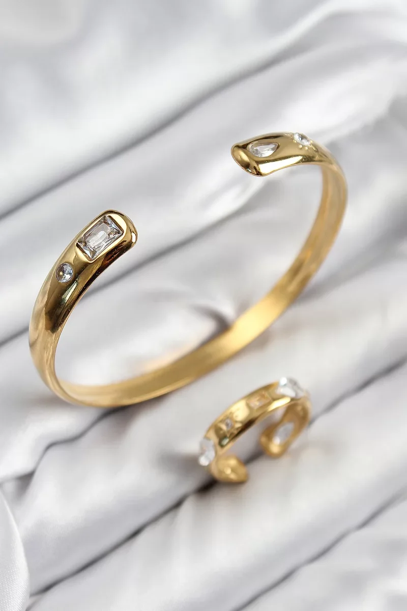 Pirinç Zirkon Taşlı Ayrık Model Gold Renk Bileklik Yüzük Set - Lisinya