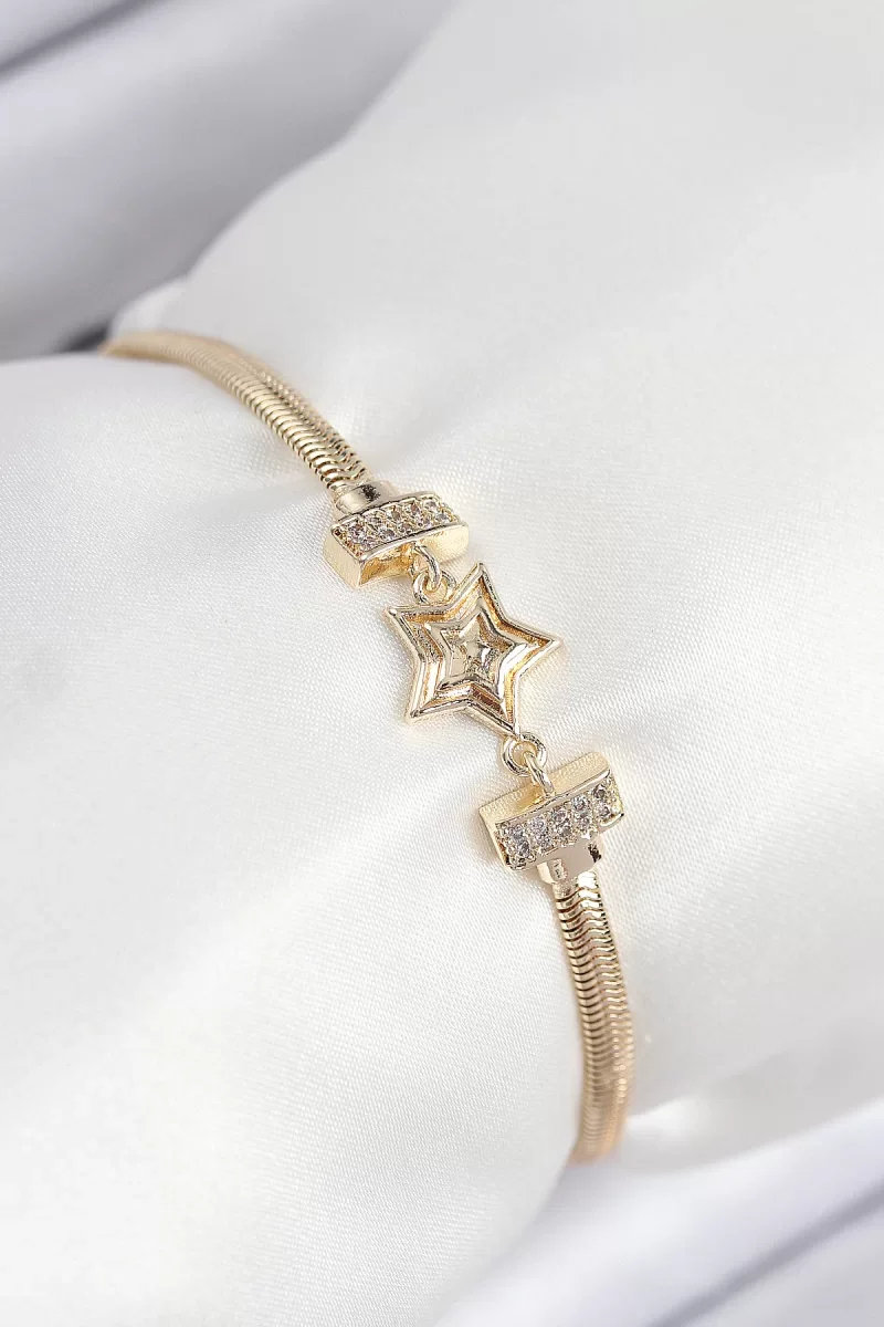 Pirinç Zirkon Taşlı Yıldız Model Gold Renk Kadın Bileklik - Lisin
