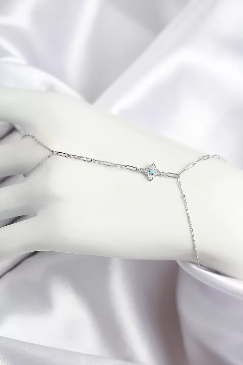 Pirinç Zirkon Taşlı Mavi Boncuklu Yonca Model Gümüş Renk Şahmeran - Lisinya