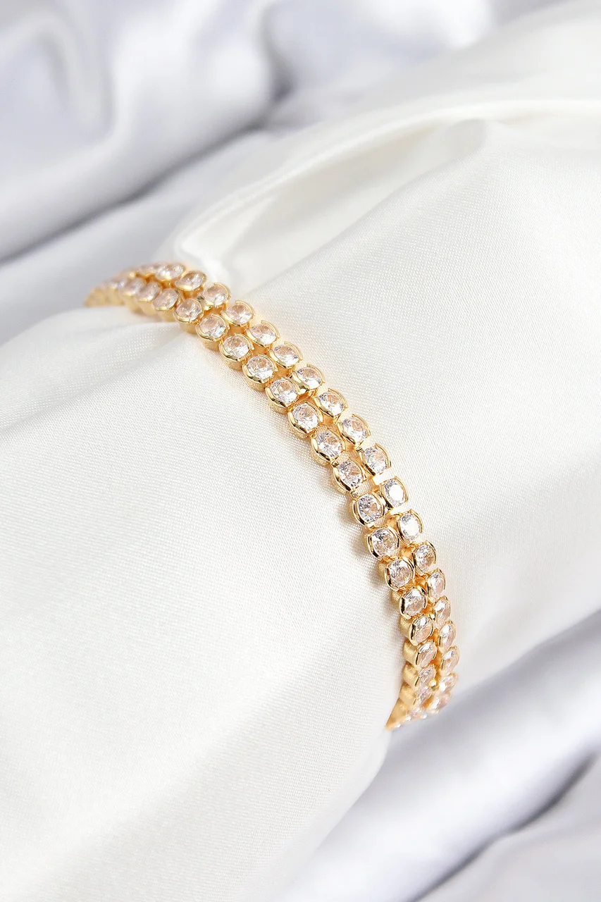 Pirinç Zirkon Taşlı Çift Sıra Model Gold Renk Asansörlü Kadın Bileklik - Lisinya Diğer