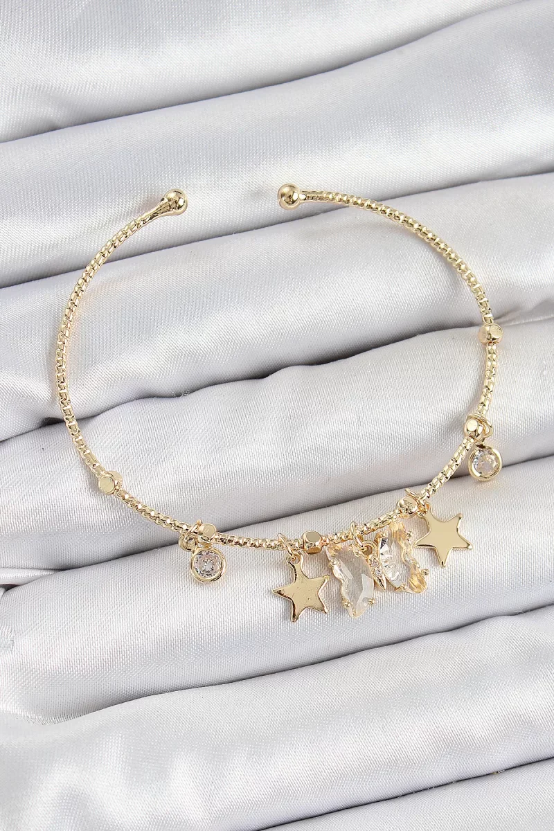 Pirinç Zirkon Taşlı Kelebek Ve Yıldız Model Gold Renk Charm Bileklik - Lisinya