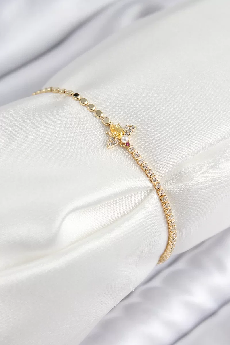 Pirinç Zirkon Taşlı Arı Model Ezme Zincir Gold Renk Kadın Bileklik - Lisinya