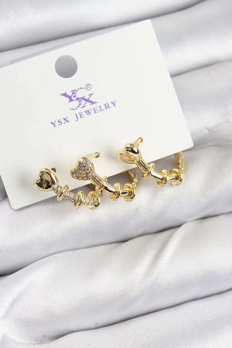 Pirinç Zİrkon Taşlı Kalp Model Gold Renk 3'lü Kadın Küpe - Lisinya