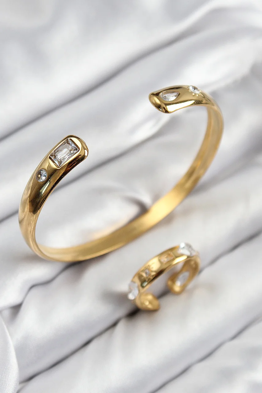 Pirinç Zirkon Taşlı Ayrık Model Gold Renk Bileklik Yüzük Set - Lisinya Diğer