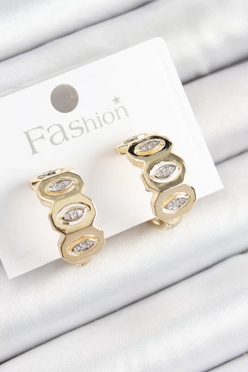 Pirinç Zirkon Taşlı Damla Figürlü Halka Model Gold Renk Kadın Küpe - Lisinya