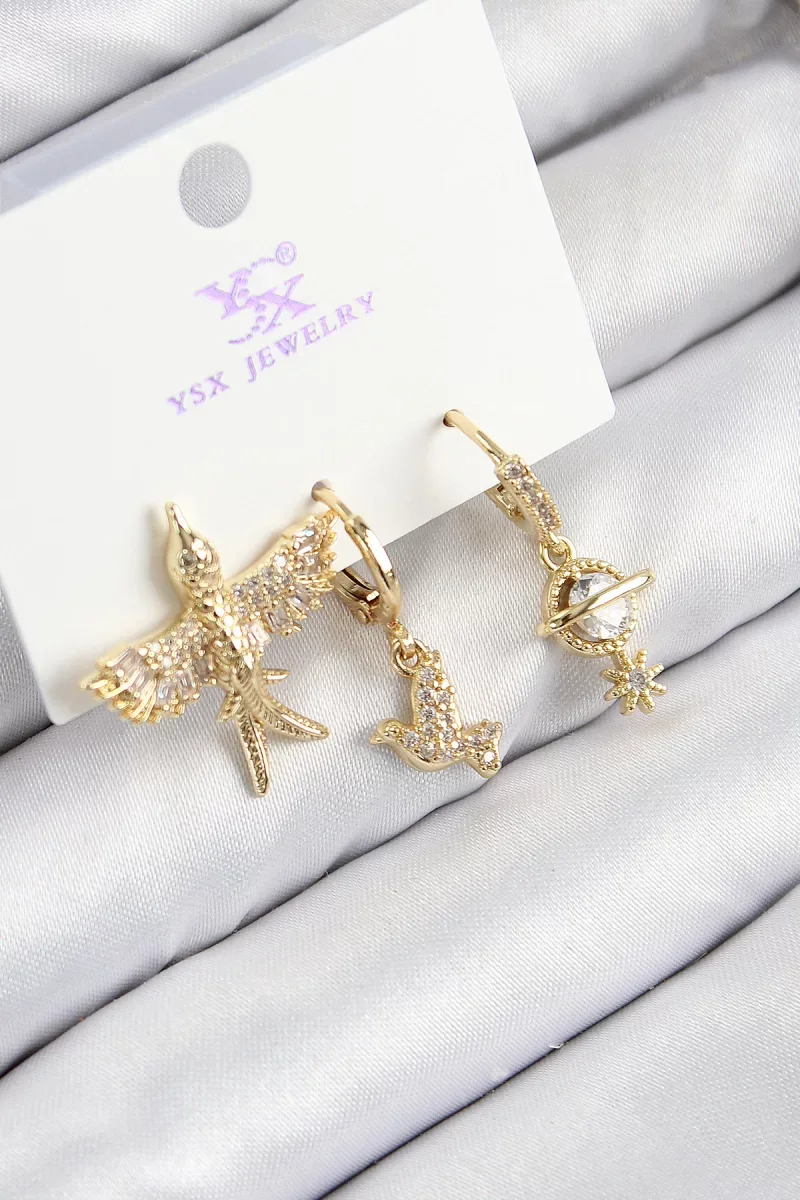 Pirinç Zirkon Taşlı 3'lü Kuş Model Gold Renk Kadın Küpe - Lisinya