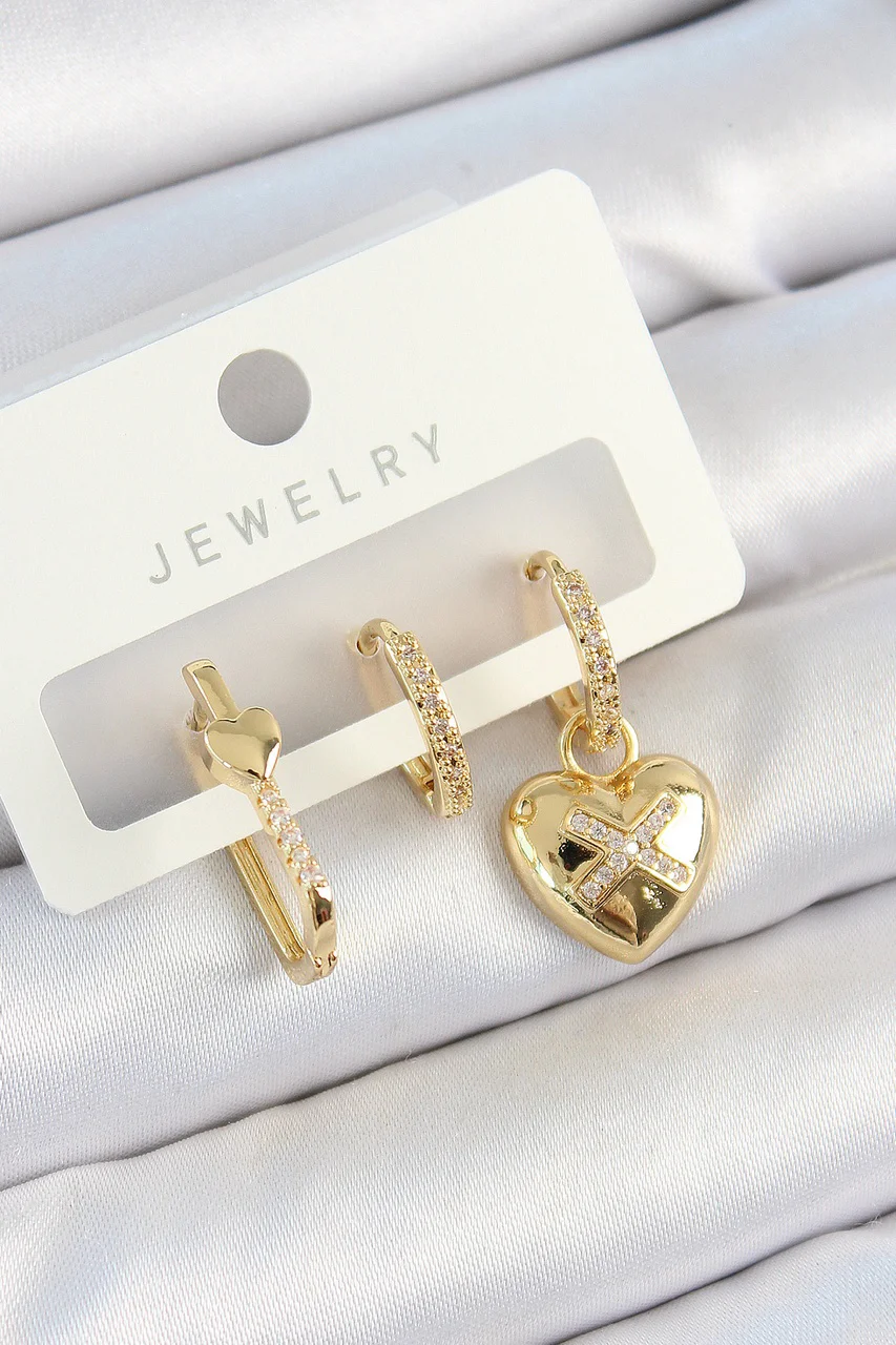 Pirinç Zirkon Taşlı Kalp Model Gold Renk 3'lü Çift Kadın Küpe Set Tj-bkp10822 Diğer
