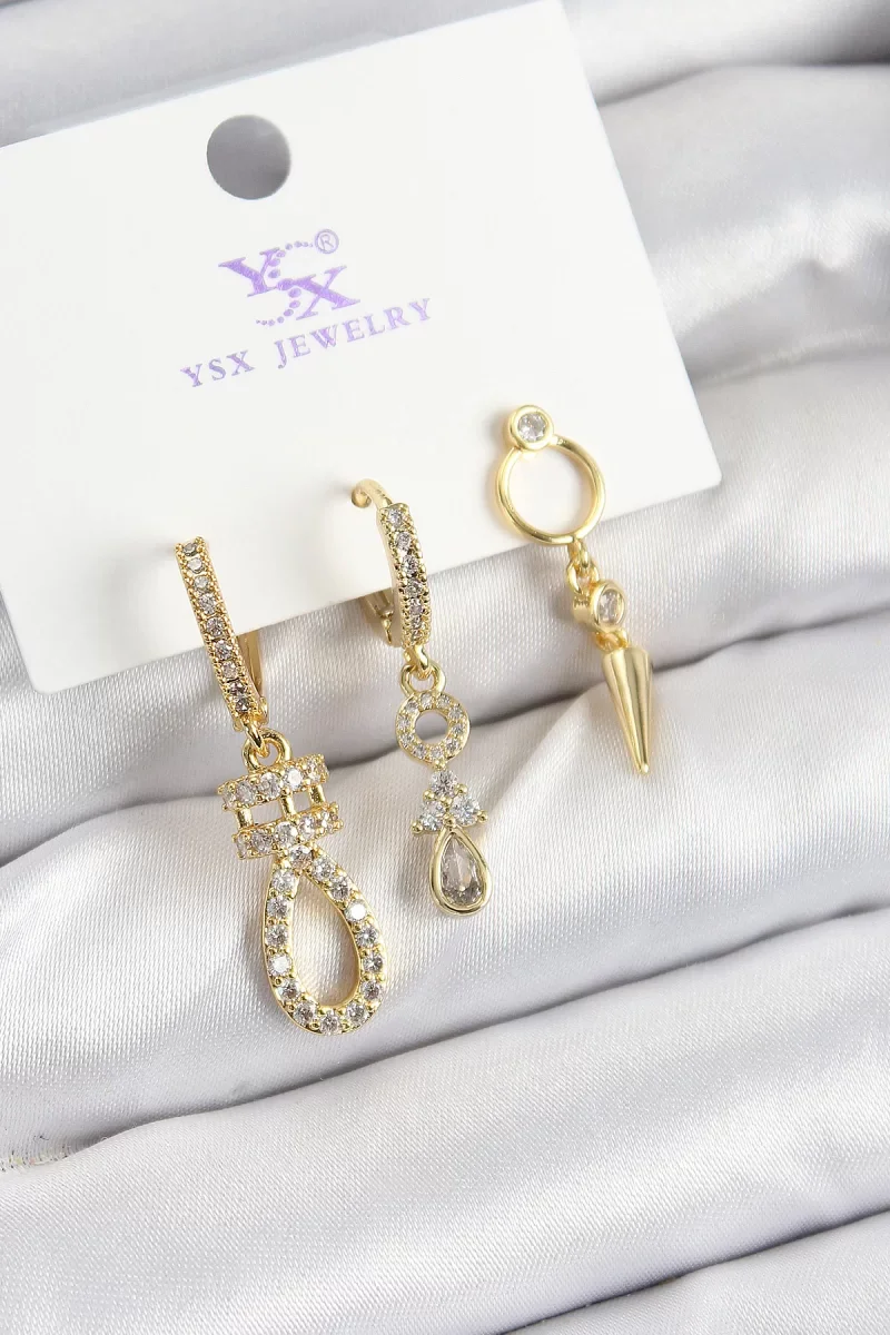 Pirinç Zİrkon Taşlı Sallantılı Model Gold Renk 3'lü Kadın Küpe - Lisinya