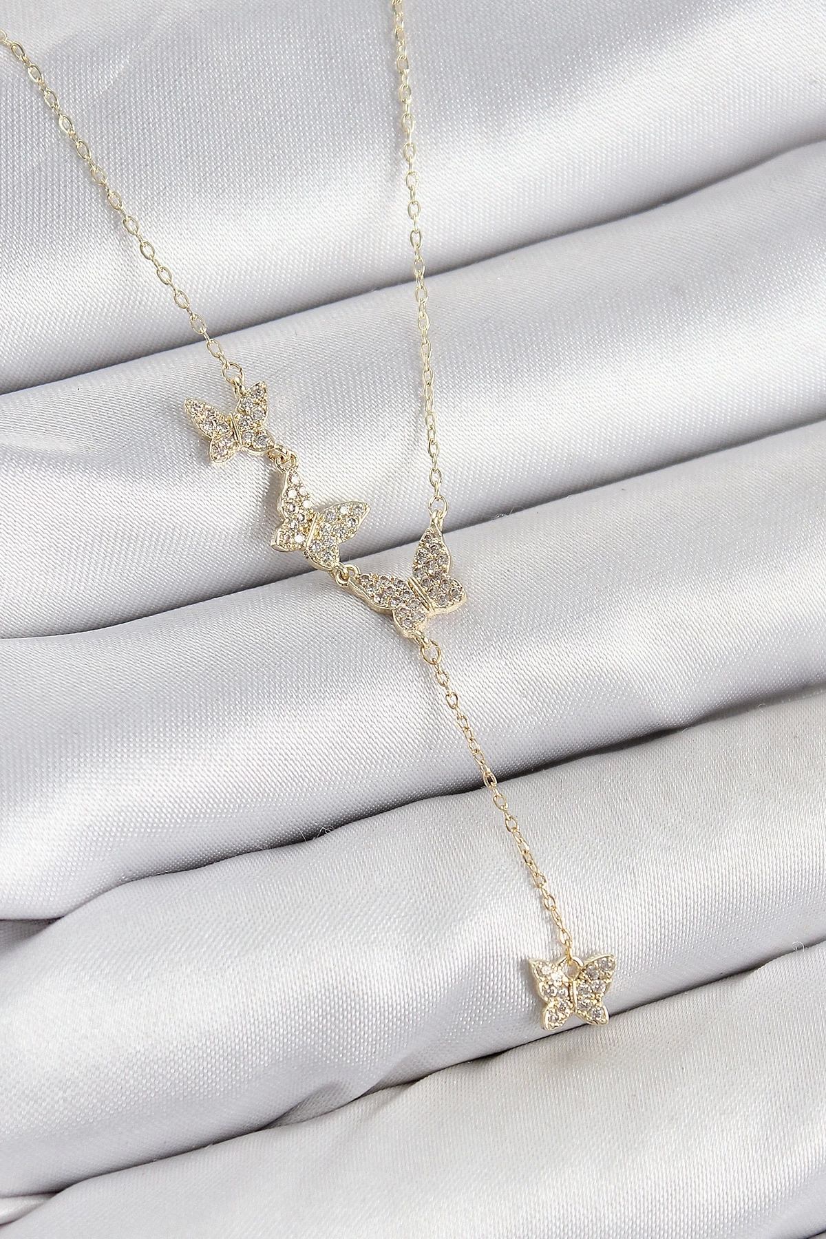 Butik Pirinç Zirkon Taşlı Kelebek Model Gold Renk Kadın Kolye