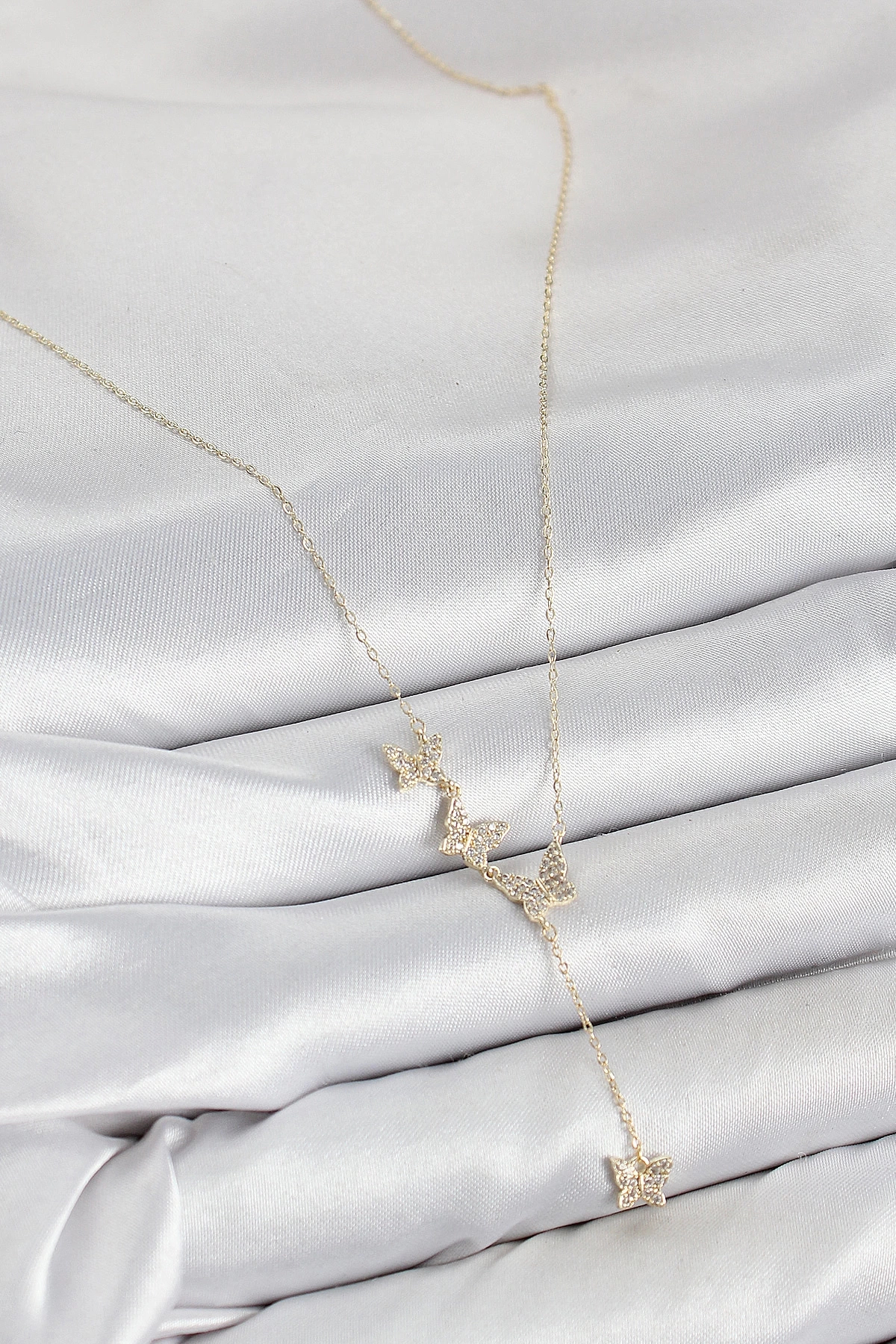 Butik Pirinç Zirkon Taşlı Kelebek Model Gold Renk Kadın Kolye