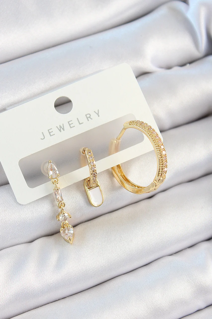 Pirinç Zirkon Taşlı Sallantılı Model Gold Renk 3'lü Çift Kadın Küpe Set Tj-bkp10829 Diğer