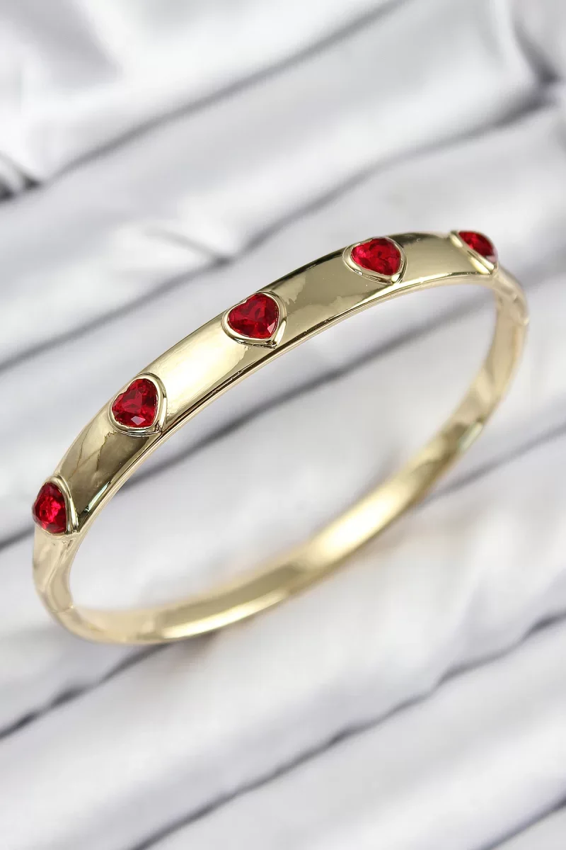 Pirinç Zirkon Taşlı Kırmızı Kalp Model Gold Renk Kadın Kelepçe - Lisinya