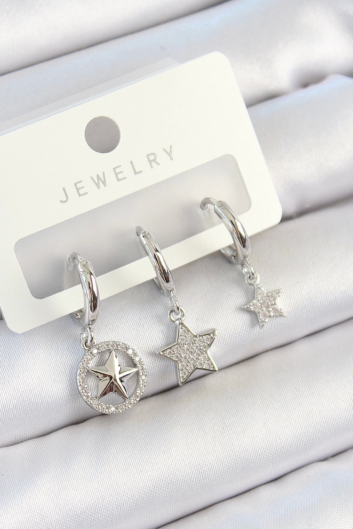 Butik Pirinç Zirkon Taşlı Yıldız Model Gümüş Renk 3'Lü Çift Kadın Küpe