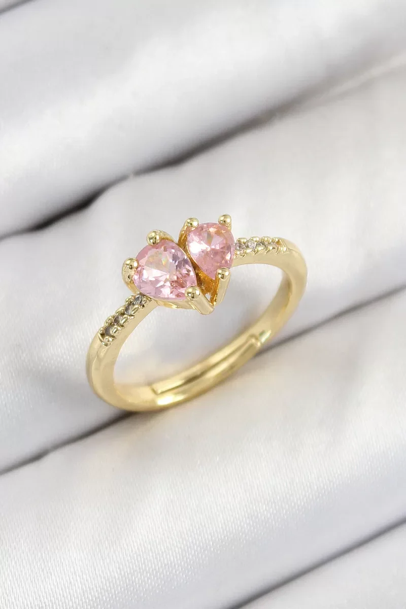 Pirinç Zirkon Taşlı Pembe Kalp Model Gold Renk Kadın Yüzük - Lisinya