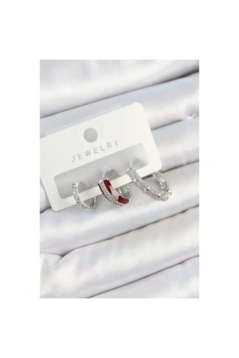 Pirinç Zirkon Taşlı Bordo Pembe Halka Model Gümüş Renk 3'lü Çift