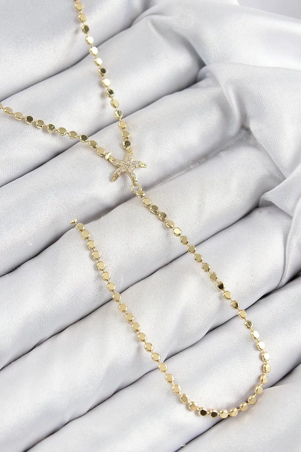 Pirinç Zirkon Taşlı Ezme Zincirli Deniz Yıldızı Model Gold Renk Y