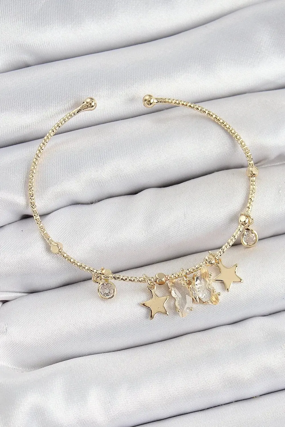 Pirinç Zirkon Taşlı Kelebek Ve Yıldız Model Gold Renk Charm Bilek