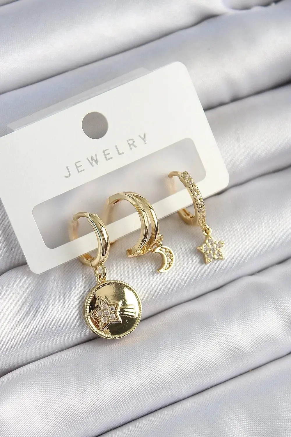 Pirinç Zirkon Taşlı Yıldız Ve Ay Model Gold Renk 3'lü Çift Kadın