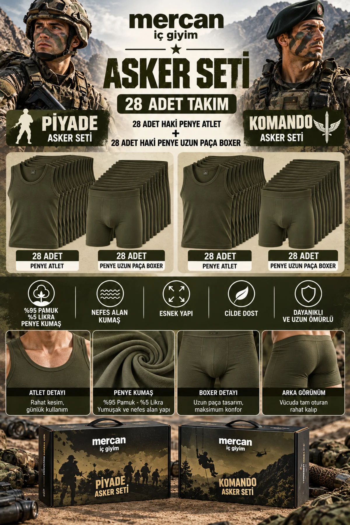 Piyade ve Komando 28 Günlük Asker Seti - Haki Penye Atlet + Uzun Paça Boxer (Toplanma Yapmaz) - Görsel 3