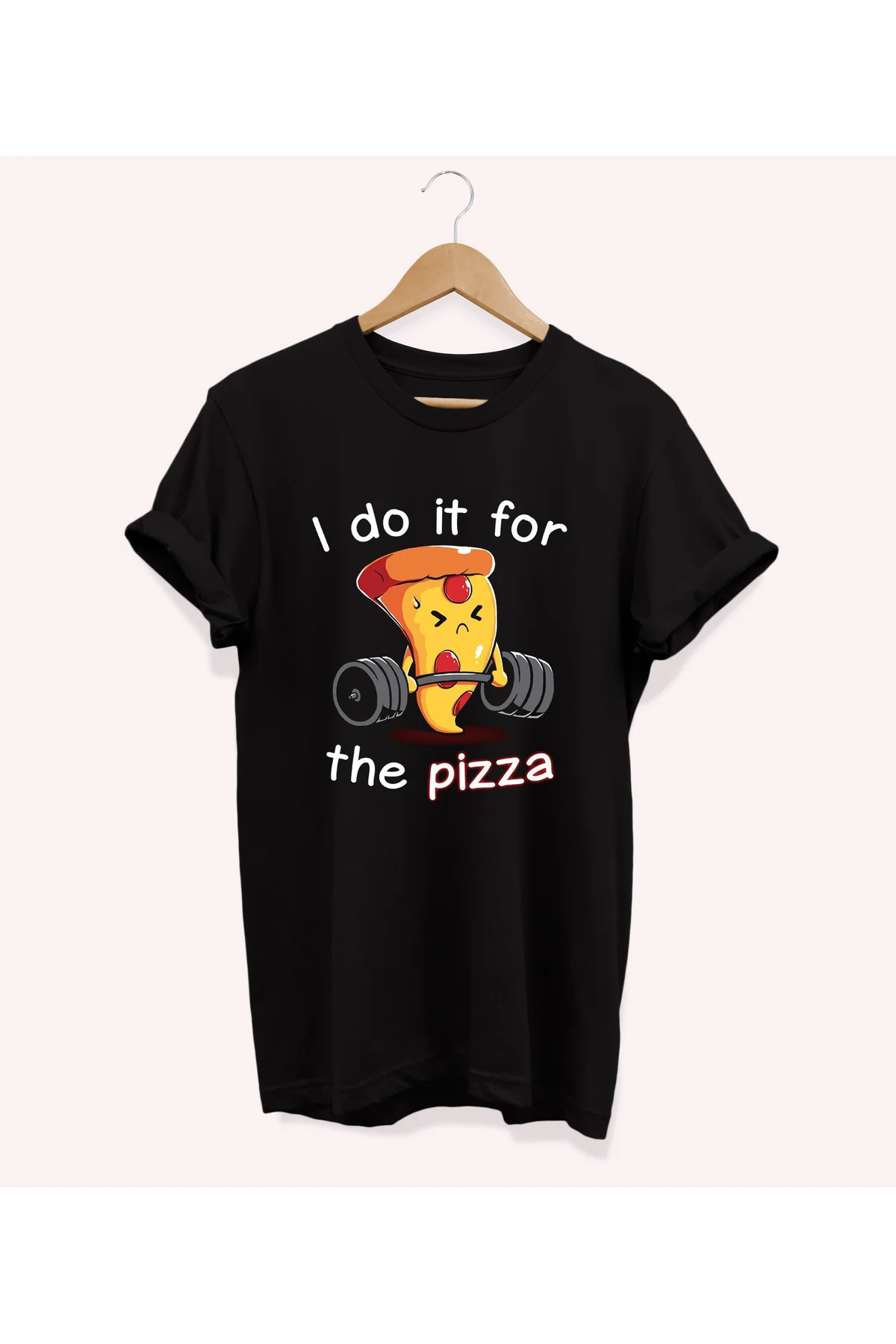 , Pizza Gym Baskılı, %100 Pamuk, Bisiklet Yaka, Oversize T-shirt, Büyük Beden Tişört