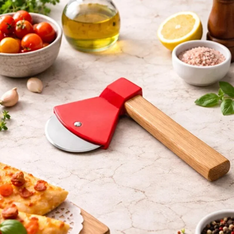 Pizza Kesici - Balta Tasarımlı - Ahşap Saplı - Paslanmaz Çelik Bıçaklı