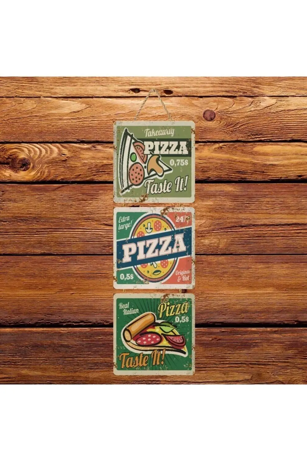 Pizza Üçlü Retro Ahşap Poster Ü152