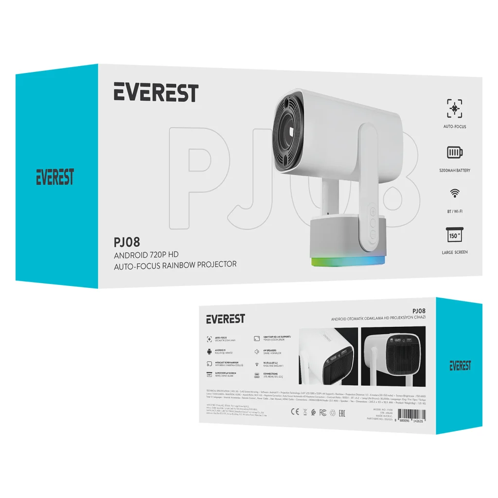 PJ08, Beyaz, 5200 Lümen, 1280x720, 1xHDMI, 1xUSB, WiFi, Bluetooth, 30.000 Saat Led Ömrü, 6W Speaker, 5200mAh Batarya, Taşınabilir, Android 11, 4K Dest Fiyatı, Yorumları ve Özellikleri