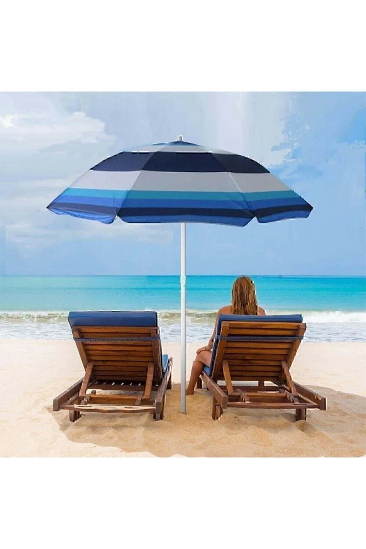 Plaj Deniz Bahçe Balkon Piknik Kamp Güneş Şemsiyesi Katlanır Mavi