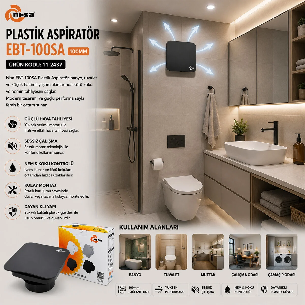 Plastik Aspiratör 100 Antrasit Banyo Tuvalet Havalandırma Aspiratörü 12W EBT-100SA