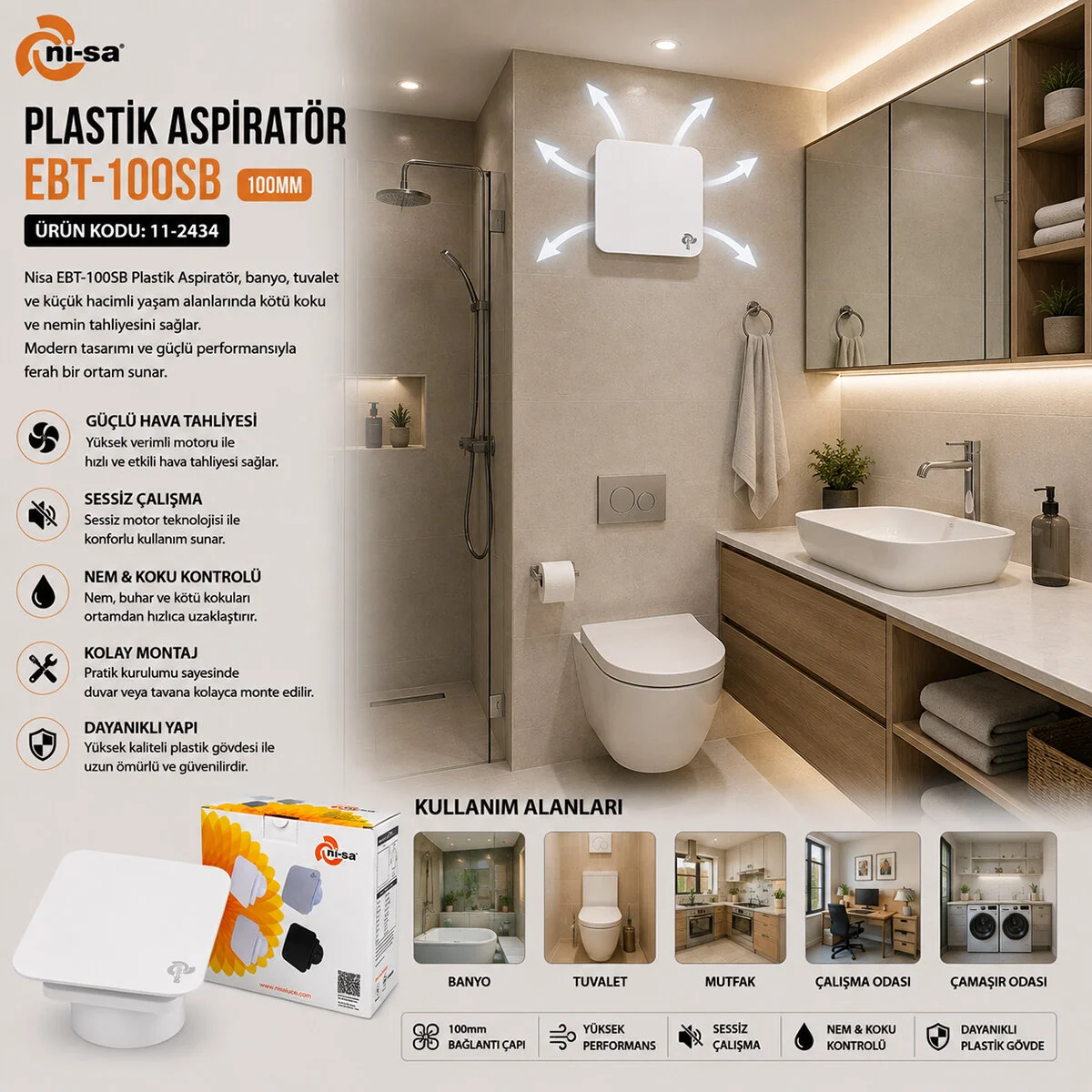 Plastik Aspiratör 100 Beyaz Banyo Tuvalet Havalandırma Aspiratörü 12W EBT-100SB