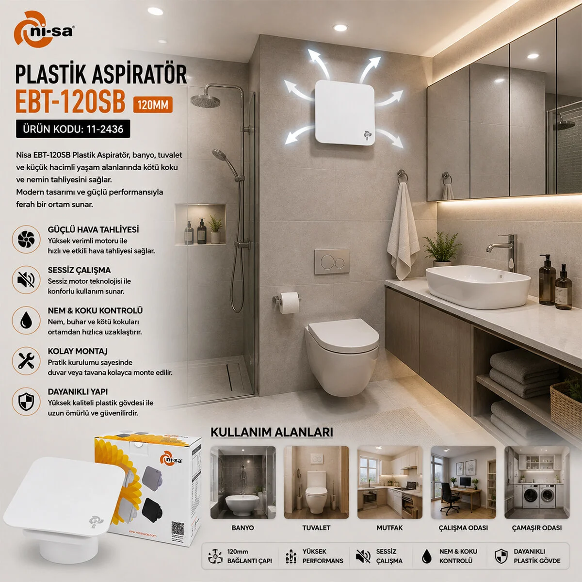 Plastik Aspiratör 120 Beyaz Banyo Tuvalet Havalandırma Aspiratörü 16W 1900RPM 80M3/H EBT-120SB