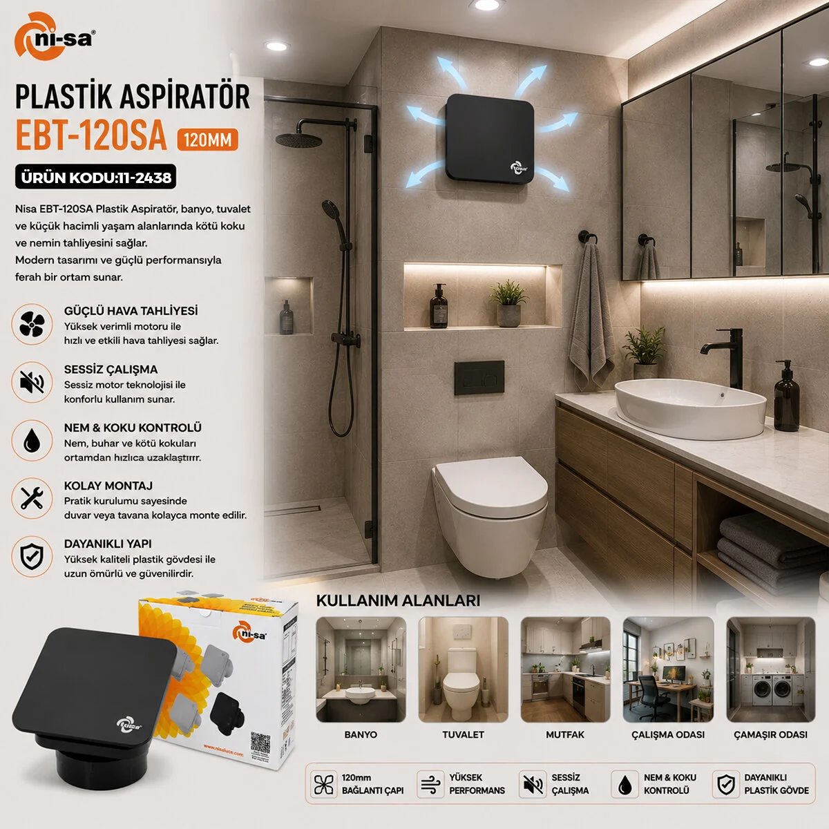 Plastik Aspiratör 120 Antrasit Banyo Tuvalet Havalandırma Aspiratörü 16W 1900RPM 180M3/H EBT-120SA