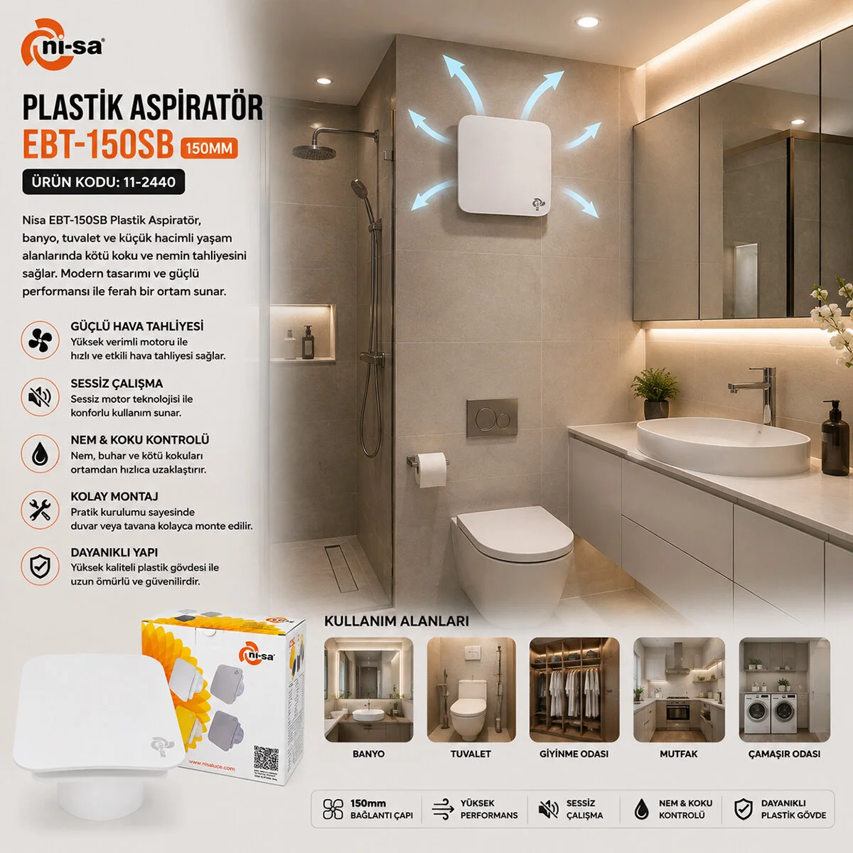 Plastik Aspiratör 150 Beyaz Banyo Tuvalet Havalandırma Aspiratörü 20W 2800RPM 320M3/H EBT-150SB Plastik Aspiratör 150 Beyaz Banyo Tuvalet Havalandırma Aspiratörü 20W 2800RPM 320M3/H EBT-150SB