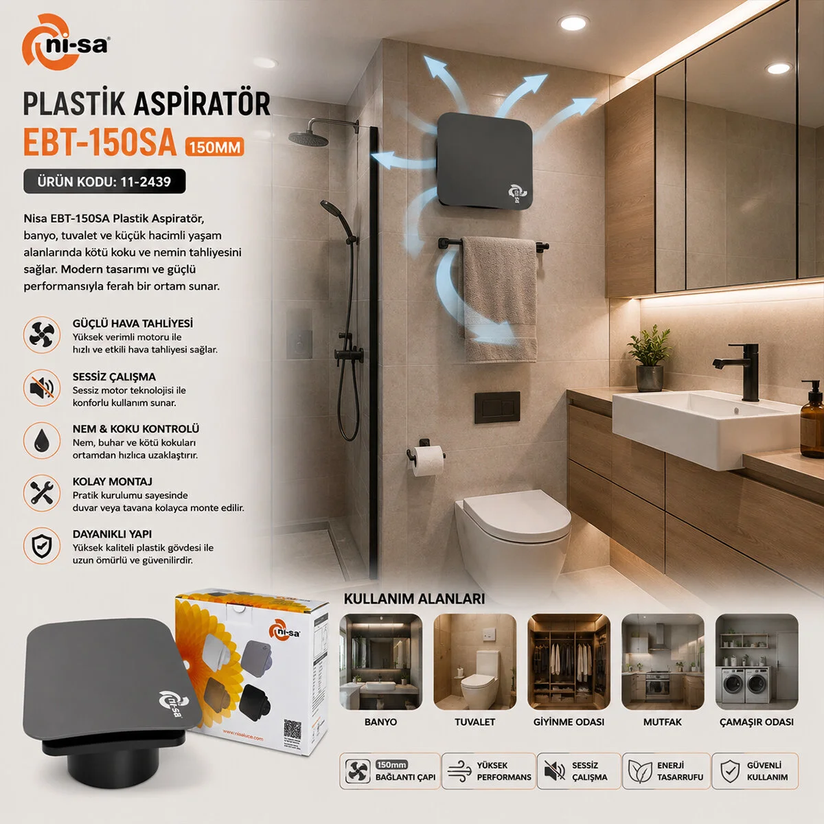 Plastik Aspiratör 150 Antrasit Banyo Tuvalet Havalandırma Aspiratörü 20W 2800RPM 320M3/H EBT-150SA