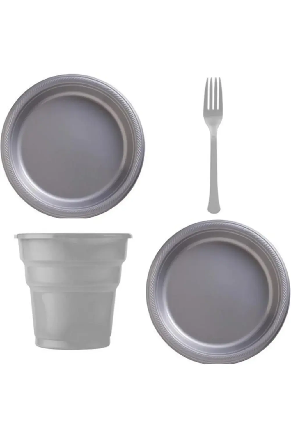 Plastik Gümüş Tabak Bardak Çatal Konsept - Parti Malzemeleri