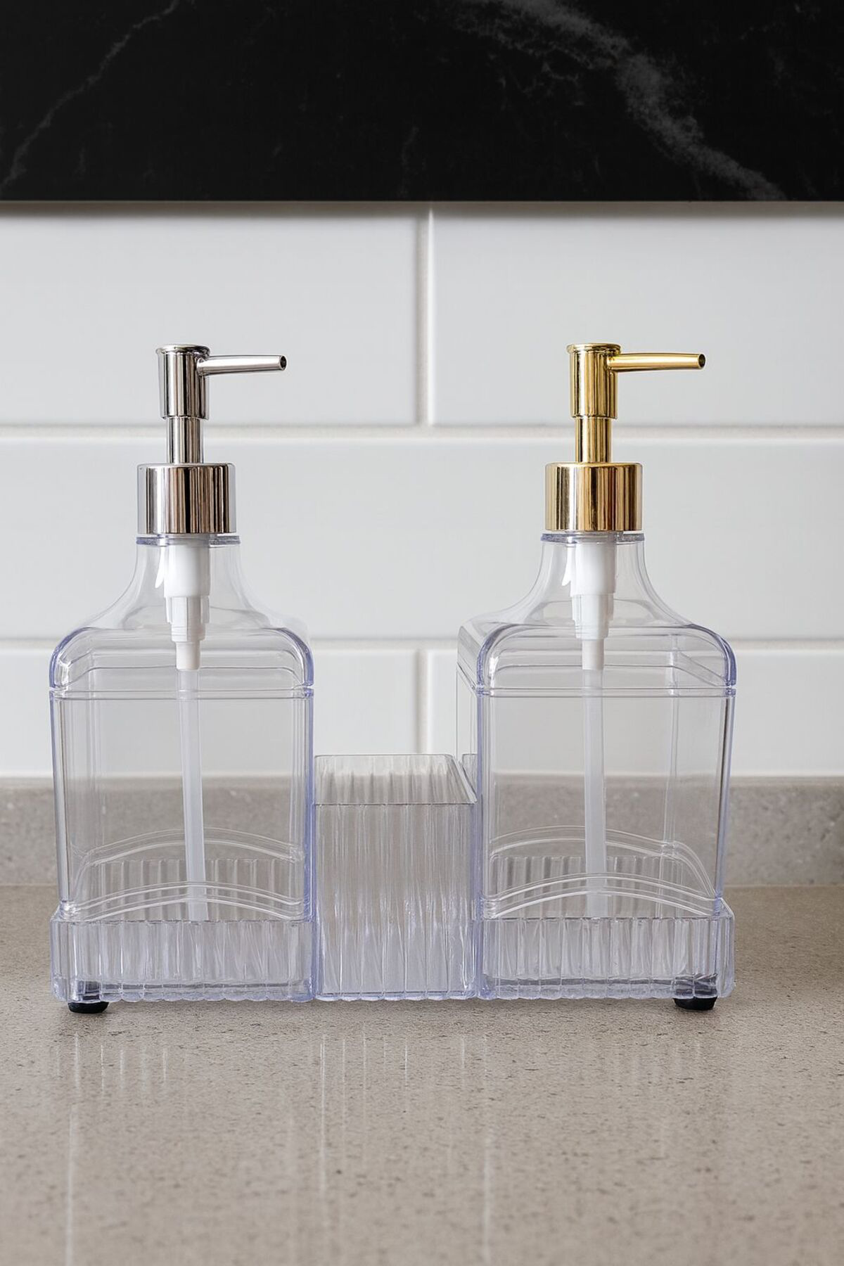 Plastik İkili Standlı Sıvı Sabunluk – Banyo ve Mutfak Tezgah Üstü